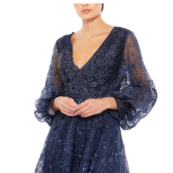 NWT MAC DUGGAL EMBELLISHED PLUNGE NECK PUFF SLEEVE A LINE GOWN 20283 - Picture 6 of 16